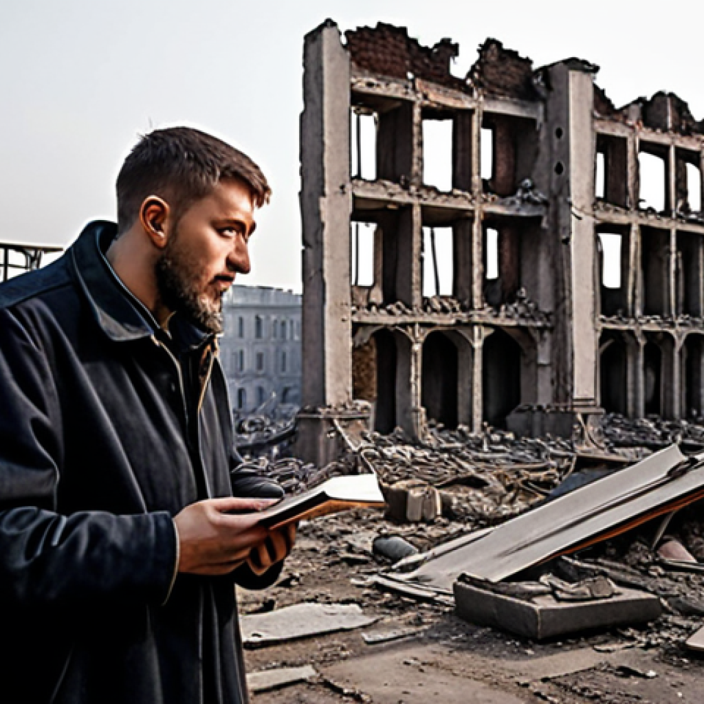 Serhiy Zhadan, a resolute and compassionate figure, performing poetry or music amidst the atmospheric ruins of a war-torn Ukrainian city. The scene captures a profound sense of human dignity and solidarity, with resilient individuals gathered, finding solace and hope in art. Emphasize the contrast between the devastating environment and the vibrant, life-affirming act of artistic expression. Poignant lighting, realistic style.