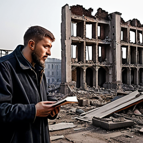 Home 20 Serhiy Zhadan, a resolute and compassionate figure, performing poetry or music amidst the atmospheric ruins of a war-torn Ukrainian city. The scene captures a profound sense of human dignity and solidarity, with resilient individuals gathered, finding solace and hope in art. Emphasize the contrast between the devastating environment and the vibrant, life-affirming act of artistic expression. Poignant lighting, realistic style.