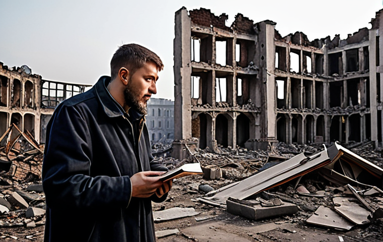 Serhiy Zhadan, a resolute and compassionate figure, performing poetry or music amidst the atmospheric ruins of a war-torn Ukrainian city. The scene captures a profound sense of human dignity and solidarity, with resilient individuals gathered, finding solace and hope in art. Emphasize the contrast between the devastating environment and the vibrant, life-affirming act of artistic expression. Poignant lighting, realistic style.