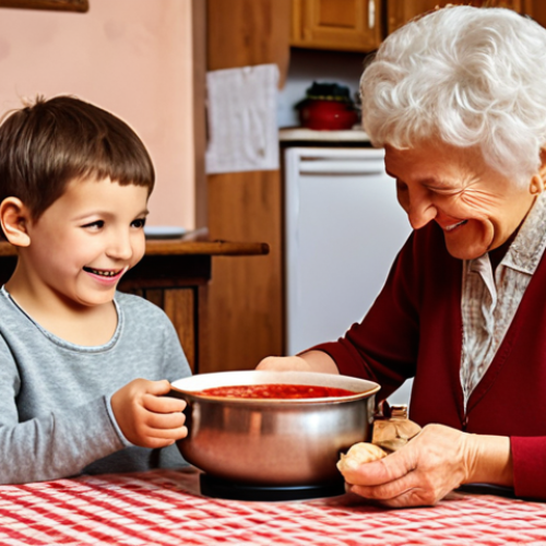 Home 19 A cozy, brightly lit kitchen scene. An elderly woman (grandmother) is serving a steaming bowl of borscht to a young child at a wooden table. The table is set simply with a checkered tablecloth. In the background, other family members are smiling and talking. Focus on the warm, comforting atmosphere and the love shared through the food.