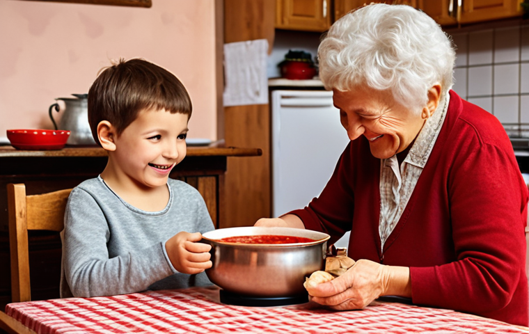 A cozy, brightly lit kitchen scene. An elderly woman (grandmother) is serving a steaming bowl of borscht to a young child at a wooden table. The table is set simply with a checkered tablecloth. In the background, other family members are smiling and talking. Focus on the warm, comforting atmosphere and the love shared through the food.