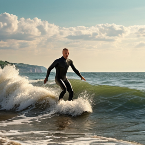 Home 18 Surfer riding a wave in the Black Sea, Ukraine, with a scenic coastal city in the background under a warm summer sky.