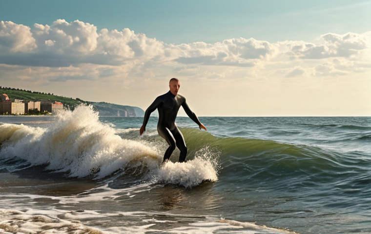 Surfer riding a wave in the Black Sea, Ukraine, with a scenic coastal city in the background under a warm summer sky.