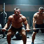 A powerful, high-resolution photograph capturing the raw energy inside a small, gritty gym in wartime Kyiv. Intense focus on individuals drenched in sweat, pushing heavy barbells and kettlebells. The scene is dimly lit, with some areas illuminated by the harsh glow of smartphone flashlights due to a power outage, highlighting determined faces and muscular forms. Show the sounds of metal clanging and footsteps on a treadmill implied through dynamic poses. The atmosphere is one of unwavering resolve and physical exertion amidst adversity. Photorealistic, documentary style, gritty texture, volumetric lighting.