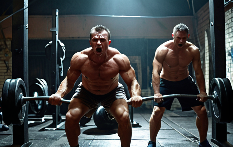 A powerful, high-resolution photograph capturing the raw energy inside a small, gritty gym in wartime Kyiv. Intense focus on individuals drenched in sweat, pushing heavy barbells and kettlebells. The scene is dimly lit, with some areas illuminated by the harsh glow of smartphone flashlights due to a power outage, highlighting determined faces and muscular forms. Show the sounds of metal clanging and footsteps on a treadmill implied through dynamic poses. The atmosphere is one of unwavering resolve and physical exertion amidst adversity. Photorealistic, documentary style, gritty texture, volumetric lighting.