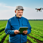 A modern Ukrainian farmer, an adult, wearing modest, professional work attire, standing in a vast, vibrant green field of chernozem. The farmer is holding a tablet, displaying data, with a subtle, hopeful expression, looking towards the horizon where a precision agriculture drone is visible in the sky. The background features endless, fertile farmland under a clear blue sky, emphasizing the richness of the Ukrainian soil. Professional photography, high detail, realistic, perfect anatomy, correct proportions, natural pose, well-formed hands, proper finger count, natural body proportions, fully clothed, modest clothing, appropriate attire, professional dress, safe for work, appropriate content, family-friendly.