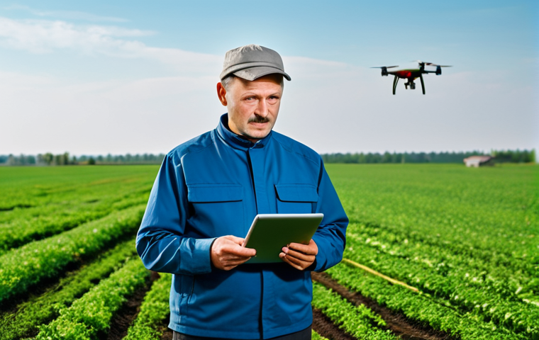 A modern Ukrainian farmer, an adult, wearing modest, professional work attire, standing in a vast, vibrant green field of chernozem. The farmer is holding a tablet, displaying data, with a subtle, hopeful expression, looking towards the horizon where a precision agriculture drone is visible in the sky. The background features endless, fertile farmland under a clear blue sky, emphasizing the richness of the Ukrainian soil. Professional photography, high detail, realistic, perfect anatomy, correct proportions, natural pose, well-formed hands, proper finger count, natural body proportions, fully clothed, modest clothing, appropriate attire, professional dress, safe for work, appropriate content, family-friendly.